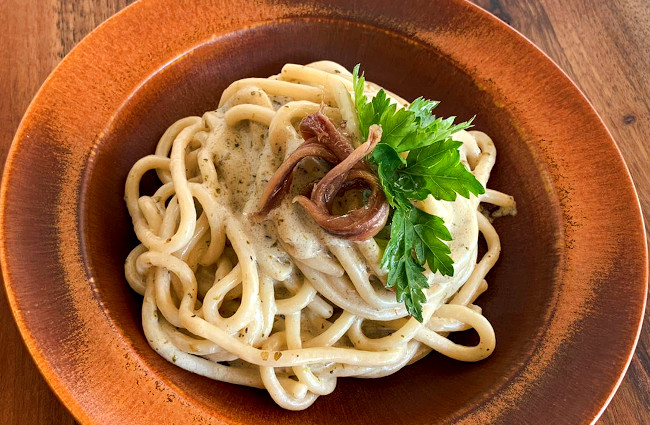 A very tasty dish of Spaghettoni Butter and Anchovies cooked with the recipe of Rawpasta Ljubljana