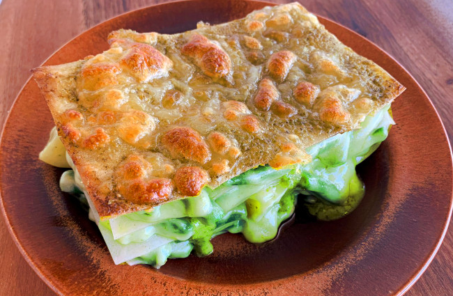 A plate of exquisite Lasagna with Genoese Pesto according to the recipe of Rawpasta Ljubljana